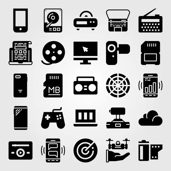 Conjunto de iconos de vector tecnológico. monitor, radio, camcoder y reproductor de música — Vector de stock