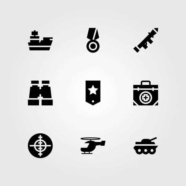 Wapen vector icon set. starten, helikopter, verrekijker en doel — Stockvector