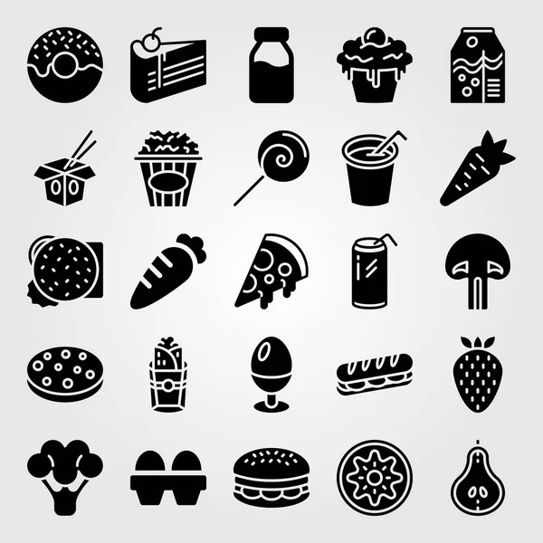 Alimentos y bebidas icono conjunto de vectores. bocadillo, magdalena, rosquilla y huevo — Archivo Imágenes Vectoriales