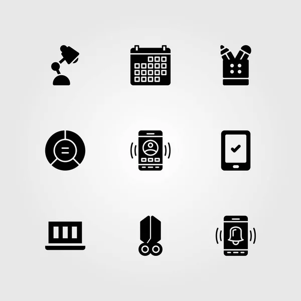 Conjunto de ícone de vetor de negócios. smartphone, lâmpada de mesa, laptop e lâmpada — Vetor de Stock