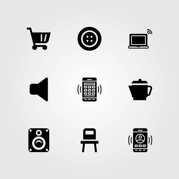 Nákupní vektor sadu ikon. vozík, laptop, tlačítko a reproduktor — Stockový vektor