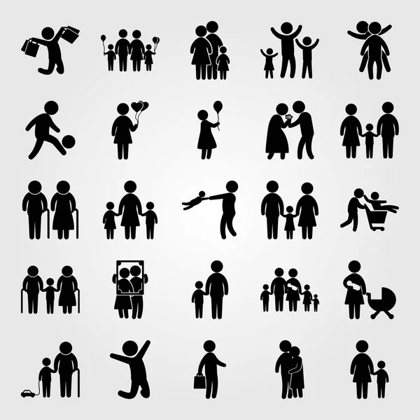 Menschen Icon Set Vektor. Kinder, Paar, Menschen, die sich umarmen und Mann — Stockvektor