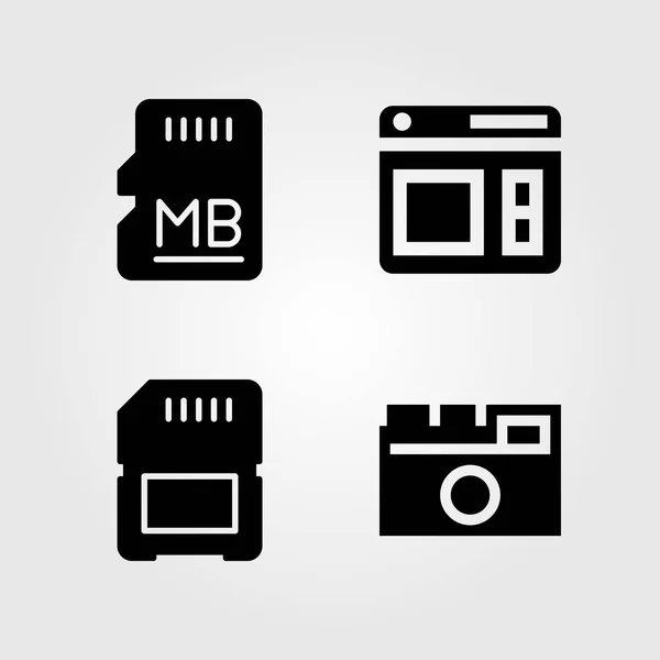 Multimédia ikonok beállítása. Vektoros illusztráció fénykép fényképezőgép, memória, sd kártya és a böngésző — Stock Vector