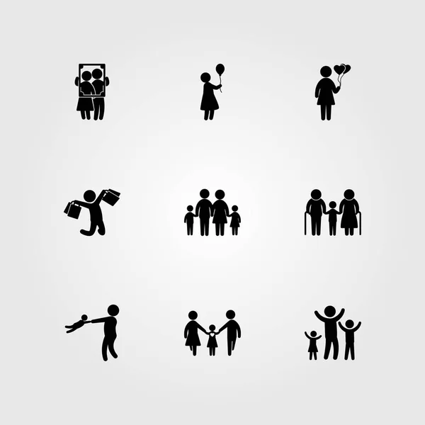 Menschen Icon Set Vektor. Mann mit Tasche, Sohn, Rahmen und Frau mit Ballon — Stockvektor