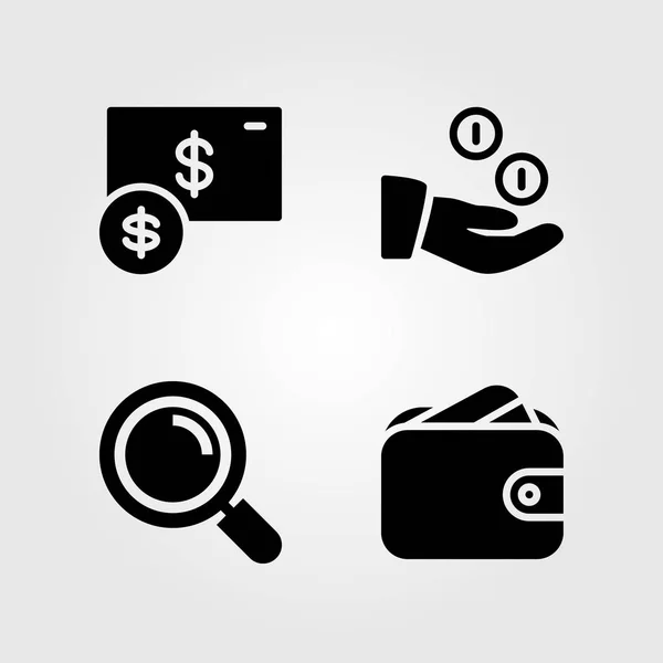 Pénz ikonok beállítása. Vektoros illusztráció érmék, pénztárca, nagyító és dollár — Stock Vector