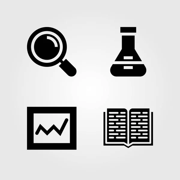 Vzdělávací sada ikon. Vektorové ilustrace analytics, baňky, otevřená kniha a Lupa — Stockový vektor