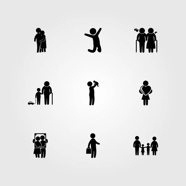 Humans icon set vector. woman, people hugging, family and portrait — Stock Vector