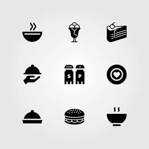 Restaurante conjunto vetor ícone. sorvete, hambúrguer, sopa e sal e pimenta —  Vetores de Stock