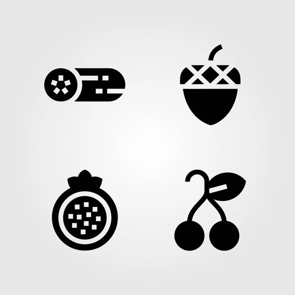 Obst Gemüse Vektorsymbolset. Granatapfel, Kirsche, Eichel und Gurke — Stockvektor