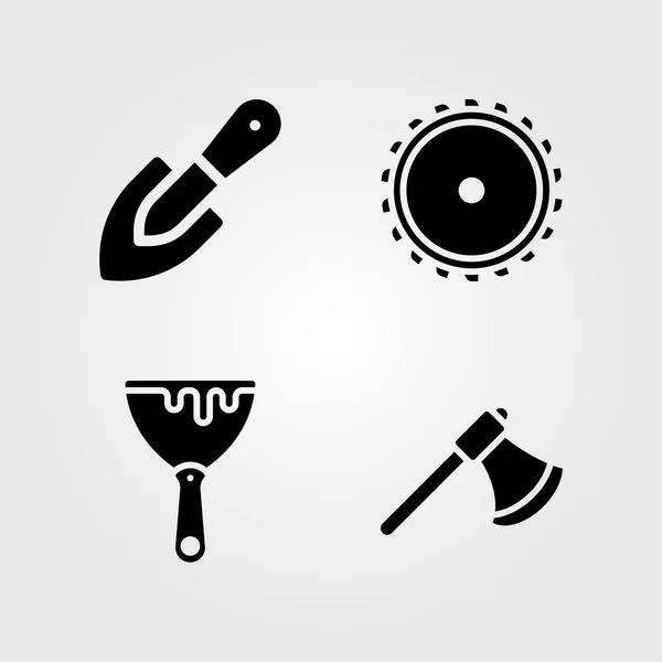 Eszközök ikonok beállítása. Vektoros illusztráció axe, lehúzó, lapát és a fűrészlap — Stock Vector