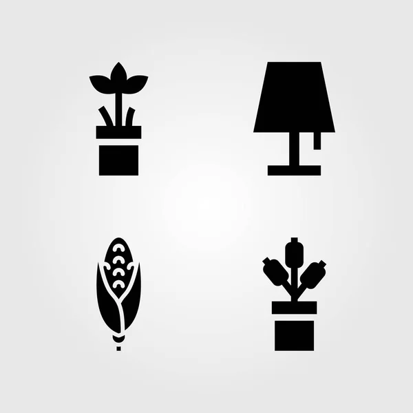 Набор садовых икон. Векторная иллюстрационная лампа, кукуруза и растения — стоковый вектор