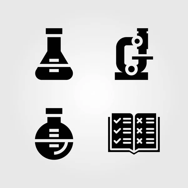 Utbildning ikoner set. Vektor illustration Mikroskop, kolv och öppen bok — Stock vektor