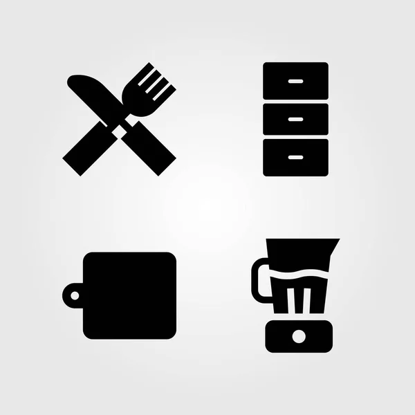 Küche Vektor Icon Set. Schrank, Mixer, Besteck und Küchenbrett — Stockvektor