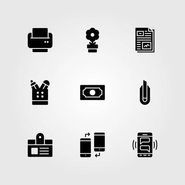 Conjunto de iconos de vector empresarial. impresora, flor, cortador y tarjeta de identificación — Archivo Imágenes Vectoriales