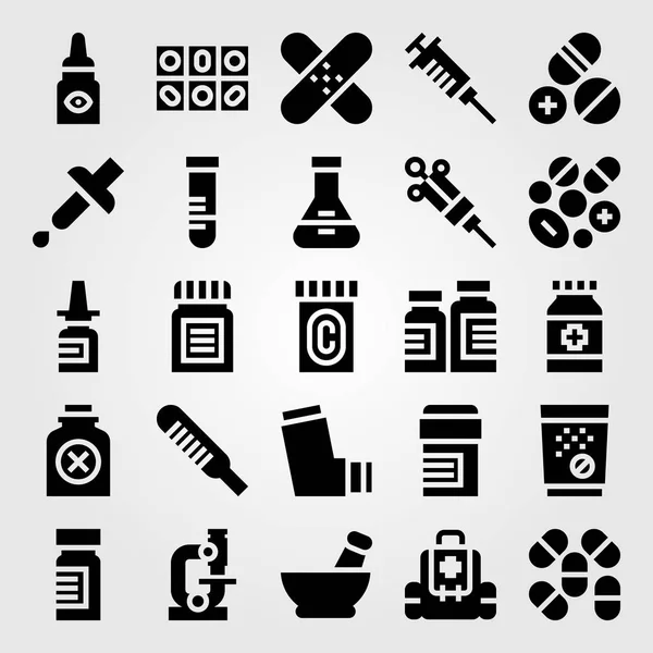 Conjunto de ícones vetoriais médicos. medicamento, termómetro, frasco e inalador — Vetor de Stock