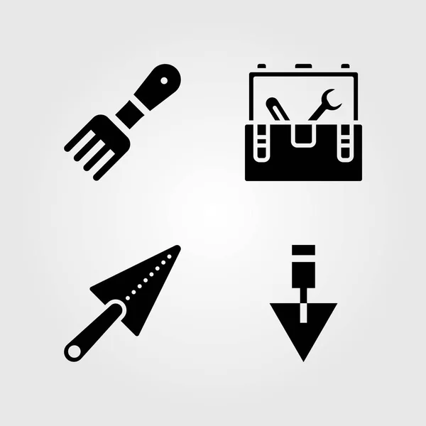 Herramientas conjunto de iconos. Rastrillo de ilustración vectorial, paleta y caja de herramientas — Vector de stock