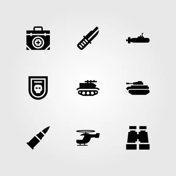Wapen vector icon set. tank, verrekijker, mes en eerste hulp kit — Stockvector