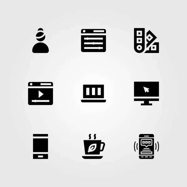 Διάνυσμα εικονίδιο σχεδιασμός Web σύνολο. smartphone, avatar, φλιτζάνι τσάι και πρόγραμμα περιήγησης — Διανυσματικό Αρχείο