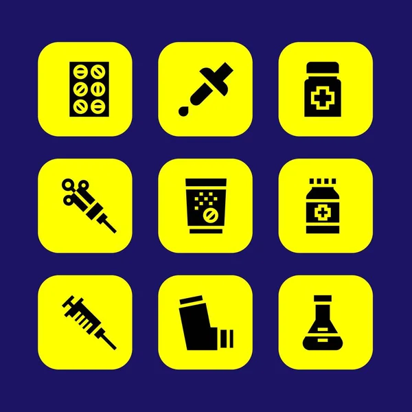 Conjunto de iconos de vector médico. pipeta, medicamento, jeringa y comprimidos — Vector de stock