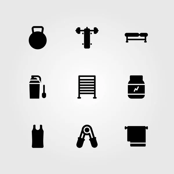 Conjunto de ícones vetoriais de fitness. kettlebell, supino, banco e proteína —  Vetores de Stock