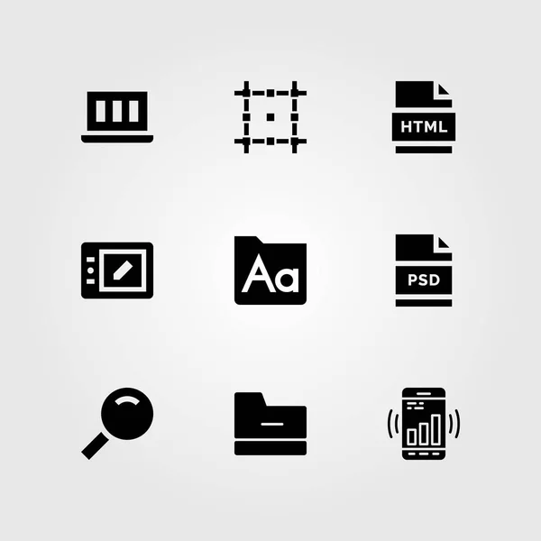 Web Design wektor zestaw ikon. PSD, smartphone, powiększające szkło i tablet — Wektor stockowy