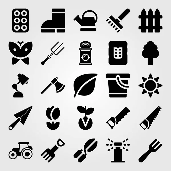 Conjunto de ícones vetoriais. machado, cerca, regador e lâmpada —  Vetores de Stock