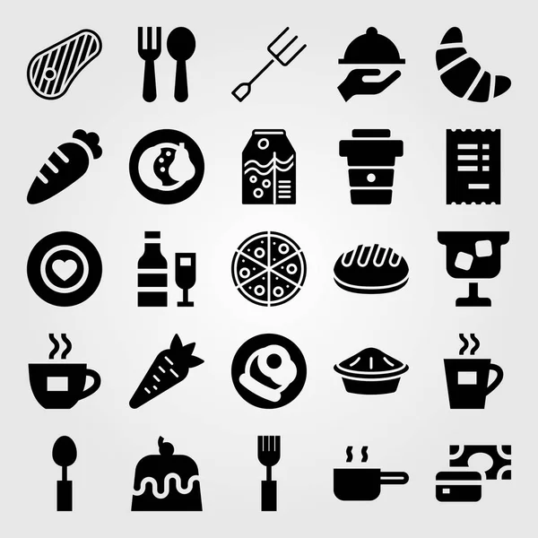 Restaurante vector icono conjunto. cubiertos, bistec, bandeja y frutas — Archivo Imágenes Vectoriales