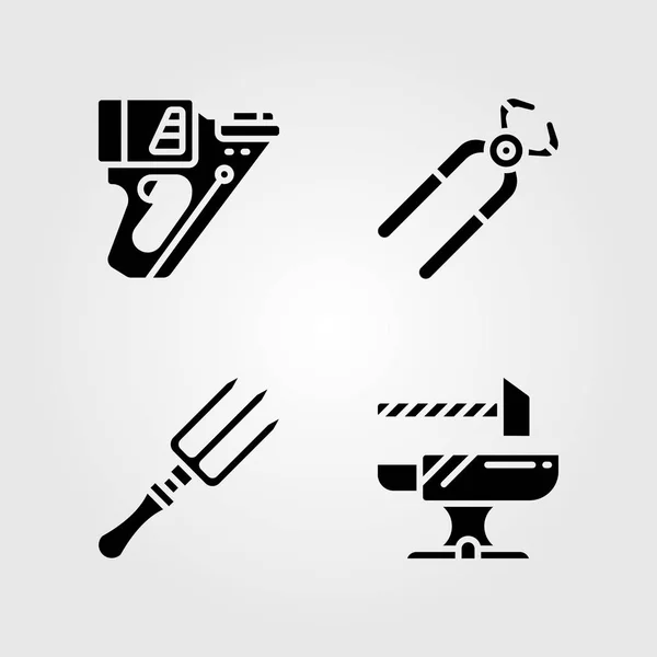 Ferramentas conjunto de ícones. Ilustração vetorial bigorna, pistola de prego, garfo e alicate — Vetor de Stock