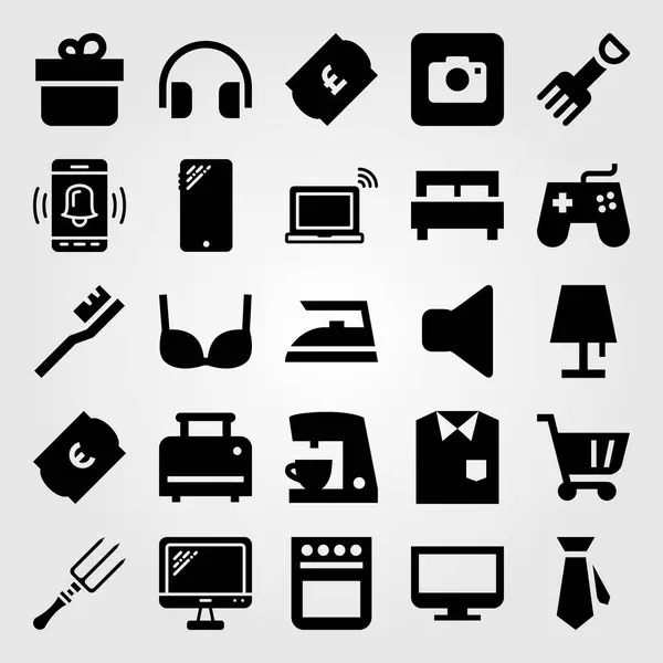 Winkelen vector icon set. beha, computer, shirt en koptelefoon — Stockvector