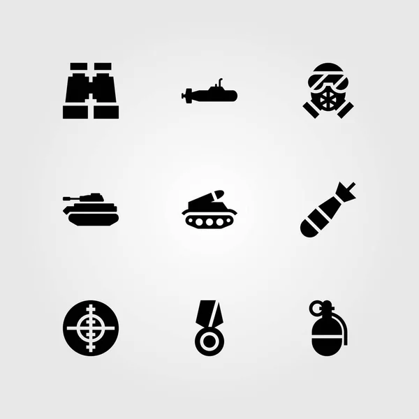 Wapen vector icon set. gasmasker, verrekijker, doel en torpedo — Stockvector