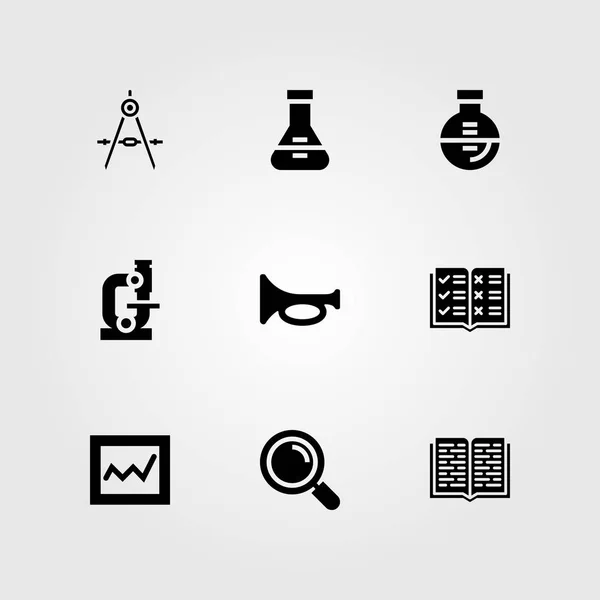 Onderwijs vector icon set. Analytics, Microscoop, open boek en loep — Stockvector