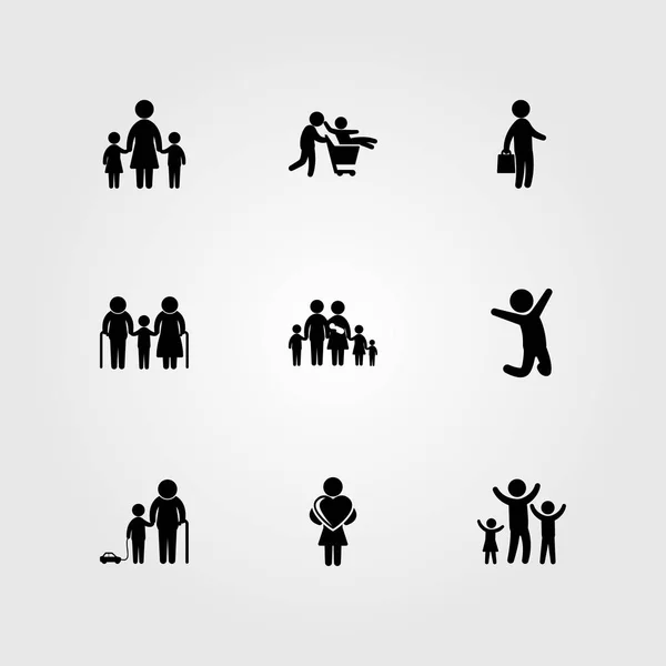 Menschen Icon Set Vektor. Großmutter, Mutter mit zwei Kindern, Sohn und springender Mann — Stockvektor