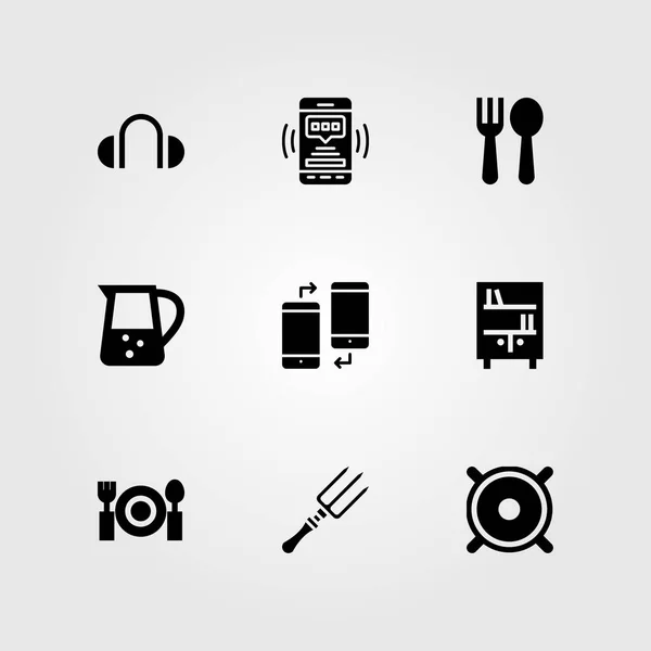 Winkelen vector icon set. hoofdtelefoon, speaker, vork en smartphone — Stockvector