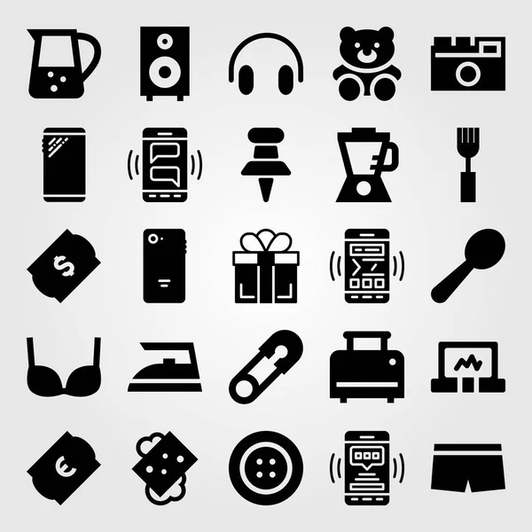 쇼핑 벡터 아이콘 세트입니다. 철, 헤드폰, 버튼 및 사각 — 스톡 벡터