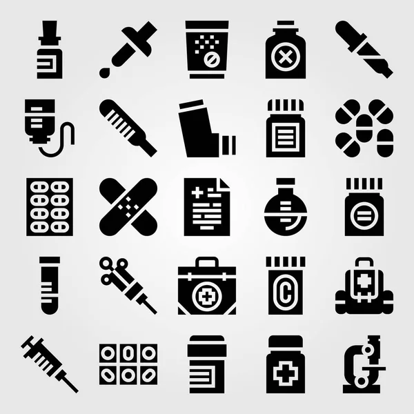 Conjunto de iconos de vector médico. kit de primeros auxilios, jeringa, pipeta y tubo de ensayo — Vector de stock