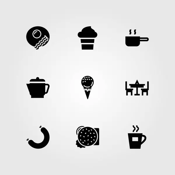 Restoran vektör Icon set. sosis, pan, tablo ve su ısıtıcısı — Stok Vektör
