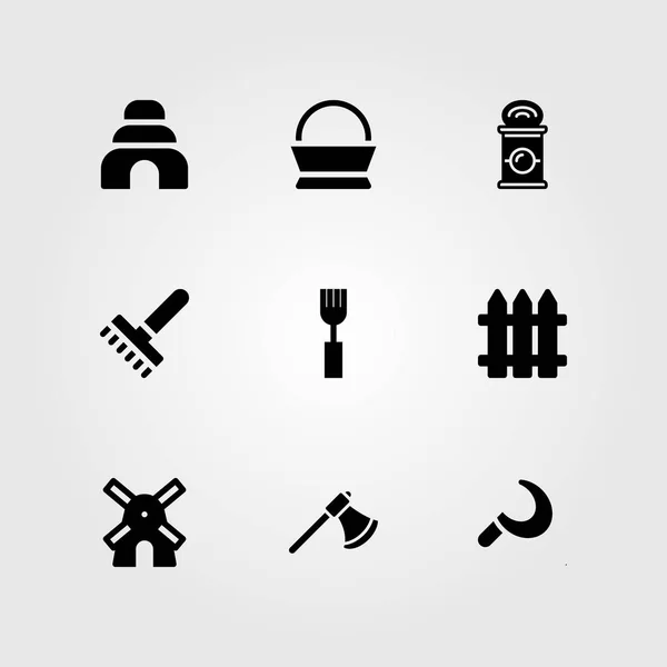 Conjunto de ícones vetoriais. cerca, ancinho, machado e colmeia —  Vetores de Stock