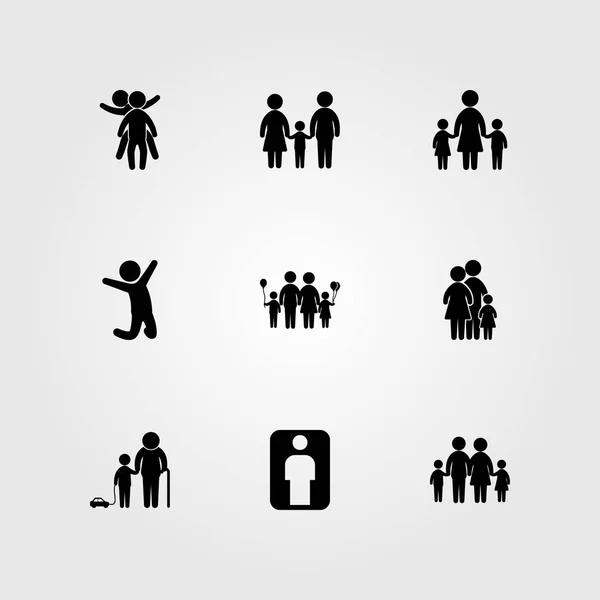 Icono humano vector conjunto. saltando hombre, madre, niña y dos niños jugando — Vector de stock