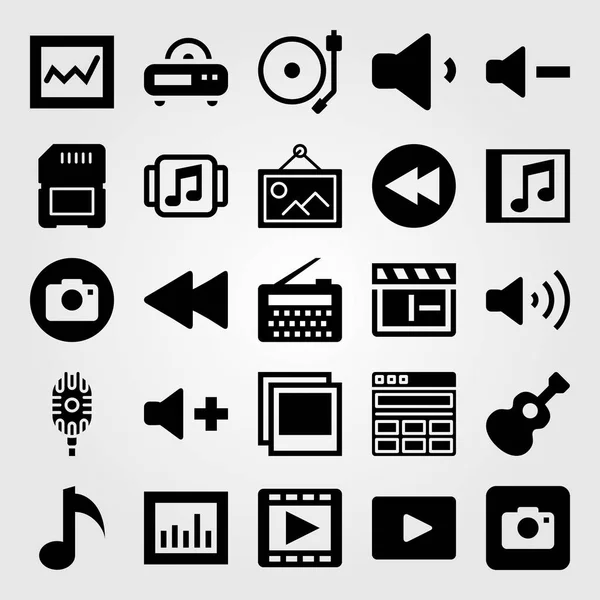 Multimedia icon set vector. musical note, music player, analytics and guitar — Stock Vector