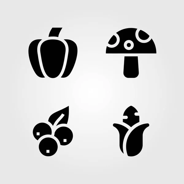 Obst Gemüse Vektorsymbolset. Blaubeeren, Pilze, Mais und Paprika — Stockvektor