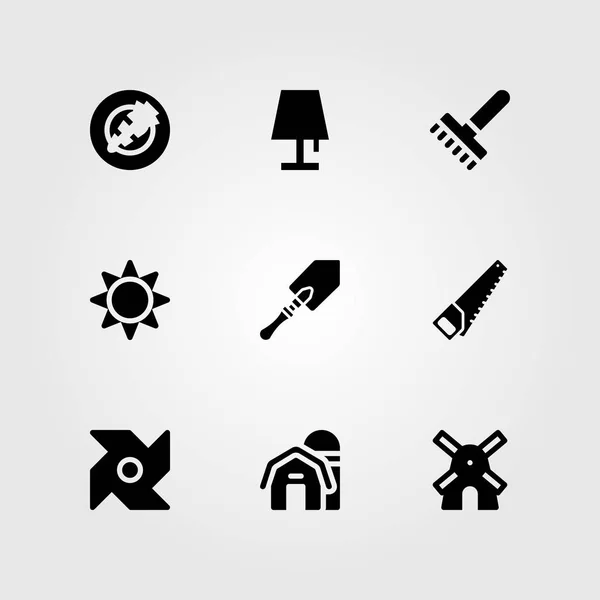 Conjunto de ícones vetoriais. cenoura, pinwheel, ancinho e celeiro — Vetor de Stock