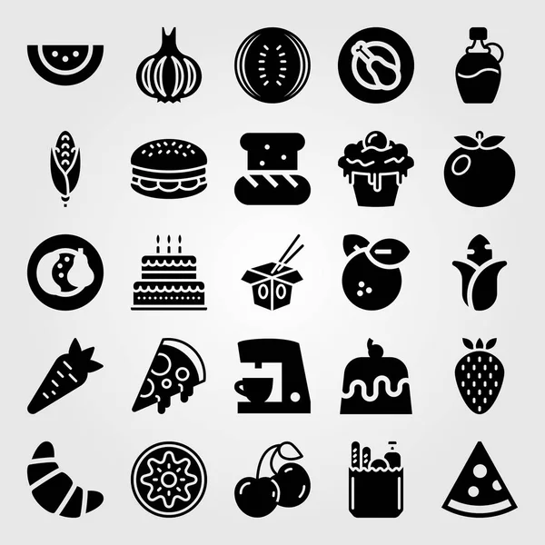 Набор векторных значков еды и напитков. морковь, праздничный торт, помидоры и кофеварка — стоковый вектор