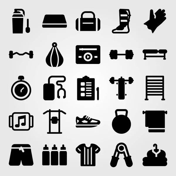 Conjunto de ícones vetoriais de fitness. calças, roupas, calças esportivas e esteira — Vetor de Stock