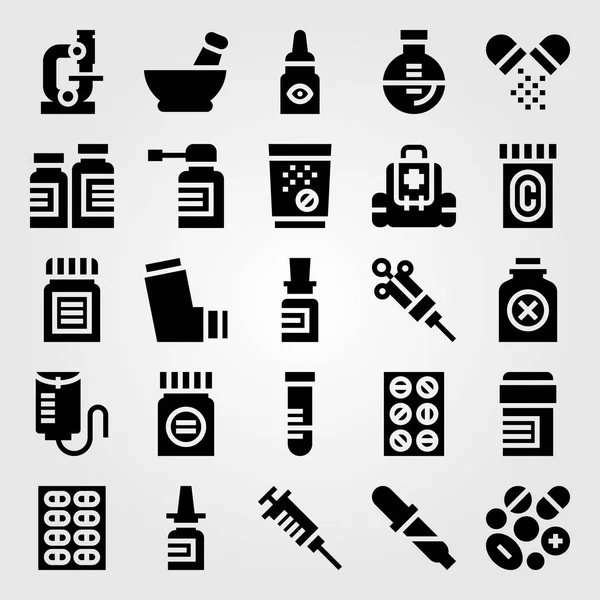 Conjunto de ícones vetoriais médicos. spray, pipeta, seringa e kit de primeiros socorros — Vetor de Stock
