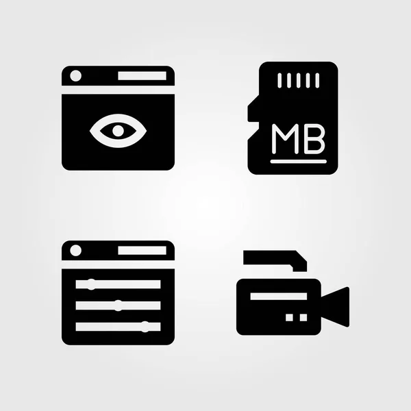 Multimedia ikoner set. Vektor illustration videokamera, SD-kort, minne och webbläsare — Stock vektor