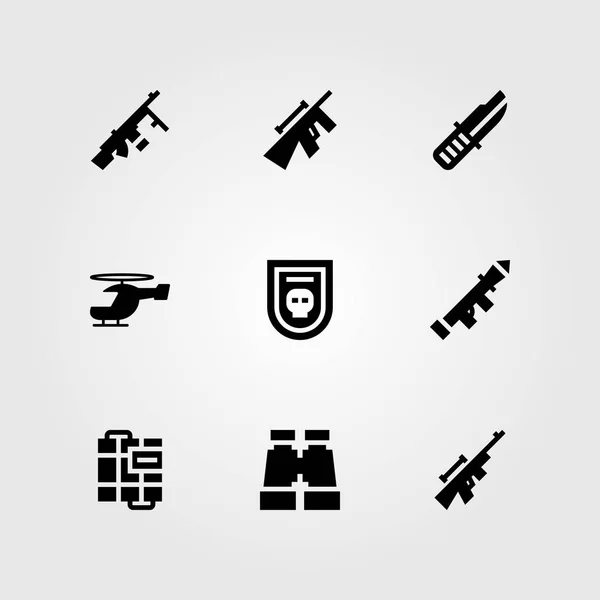 Wapen vector icon set. bagde, sniper, helikopter en mes — Stockvector