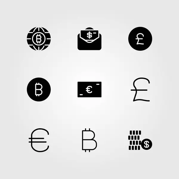 Jel vector icon set. pénz, érme, dollár és az angol font — Stock Vector