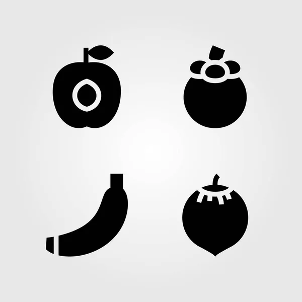 Fruits Vegetables vector icon set. banana, coconut, mangosteen and apricot — Stock Vector