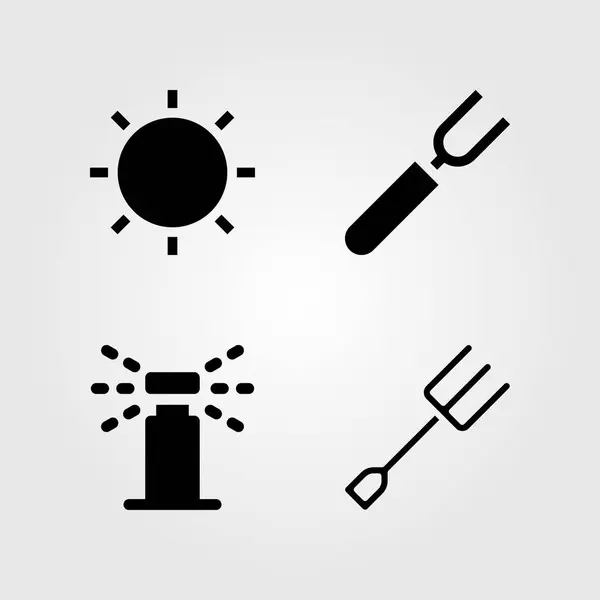 Garden icons set. Vector illustration sun, sprinkle and fork — Stock Vector