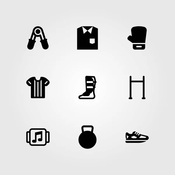 Fitness vector icon set. Boksen handschoen, optrekken bar, hardloopschoenen en kettlebell — Stockvector